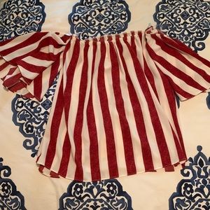 Red and white stripe off the shoulder shirt